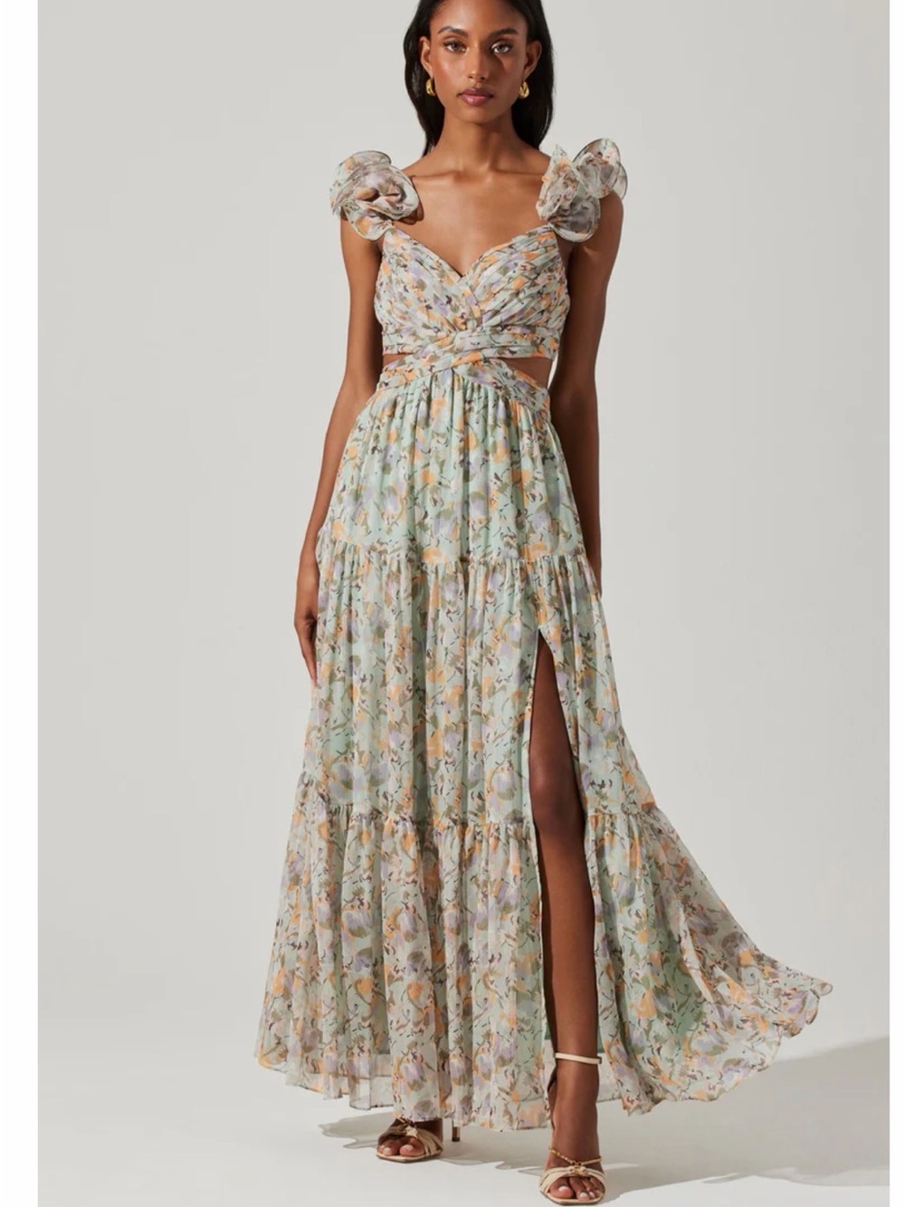 ASTR the Label Fritillaria Maxi Dress Mint Purple Floral Cutout Slit Size L NWT